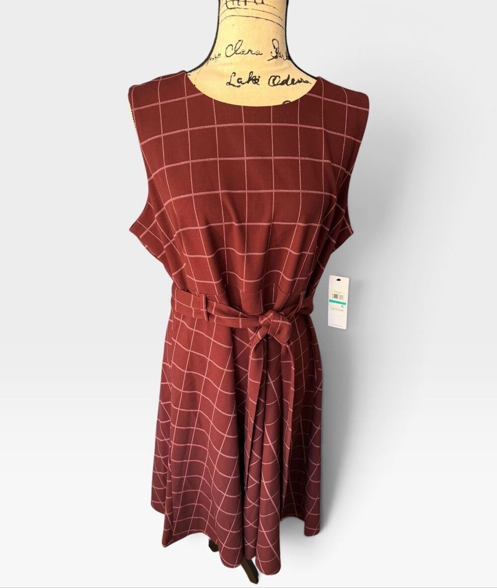 NWT Calvin Klein Women Size 16 Burgundy Grid Belted Sleeveless A-Line Dress MSRP